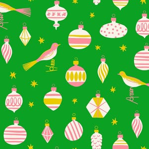 May include: A repeating pattern on a vibrant green background featuring various Christmas ornaments in shades of pink, white, and yellow, interspersed with small yellow stars and stylized birds perched on wire coils throughout the design.