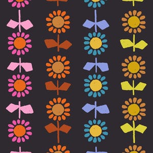 May include: A repeating pattern of stylized flowers in pink, orange, blue, and yellow on a dark gray background. The flowers have a simple, hand-drawn aesthetic, with each flower having a different color scheme.