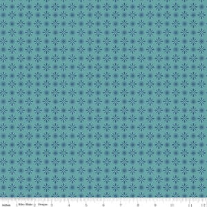 May include: A teal fabric with a repeating pattern of dark blue floral designs. The pattern is evenly spaced across the fabric, creating a consistent and visually appealing texture. The fabric is measured in inches.