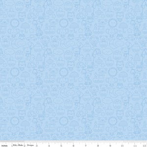 May include: A light blue fabric with a repeating pattern of small, outlined illustrations of animals, stars, clouds, and toys. The pattern is a light blue color on a light blue background.