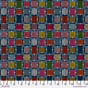 May include: A blue fabric with a repeating pattern of colorful squares. Each square has a different striped pattern in red, yellow, green, white, and black.