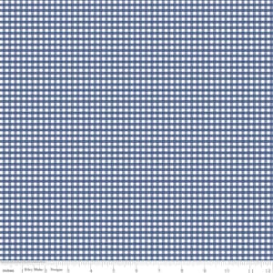 May include: A fabric with a blue and white gingham pattern. The pattern consists of evenly spaced squares, creating a classic checkered design. The fabric is measured in inches.