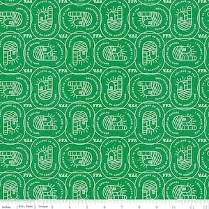 May include: Green fabric with a repeating pattern of white FFA (Future Farmers of America) emblems. Each emblem features a stylized barn and the text "I Believe in the Future of Agriculture". The design is suitable for quilting or crafting.