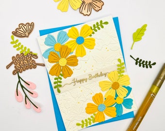 Handmade Happy Birthday note card in colorful floral patterns