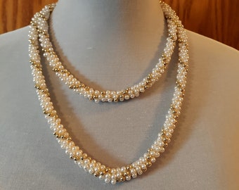 Vintage AVON Long 42&quot; Pull Over Faux Twisted Pearls and Gold Tone Necklace