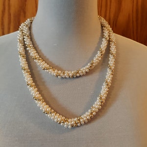 Vintage AVON Long 42&quot; Pull Over Faux Twisted Pearls and Gold Tone Necklace
