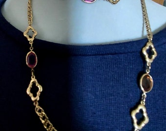 Vintage Avon Crystal Chain Necklace: Purple Pink Gold Tone, 36 Inch