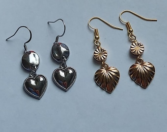 Silver Heart or Gold Heart Dandle Earrings Handmade by Carm USA