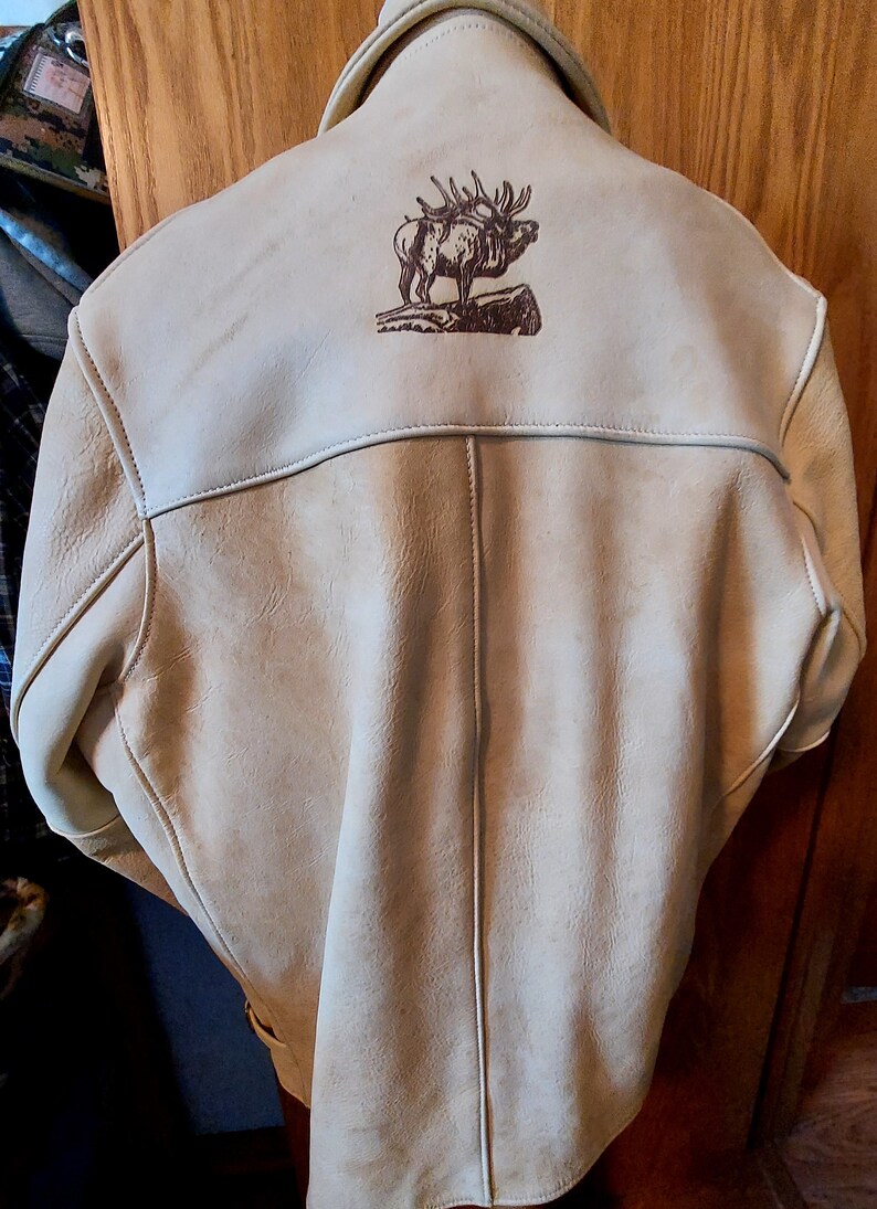 Vintage Custom Elk Hide Leather Jacket With Embossed Elk Design With