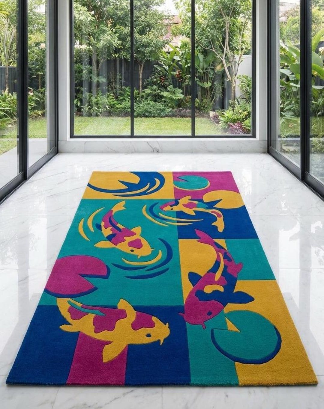 Hand Tufted Koi Fish Wool Area Rug, Japanese Inspired Carpet, Artistic ...