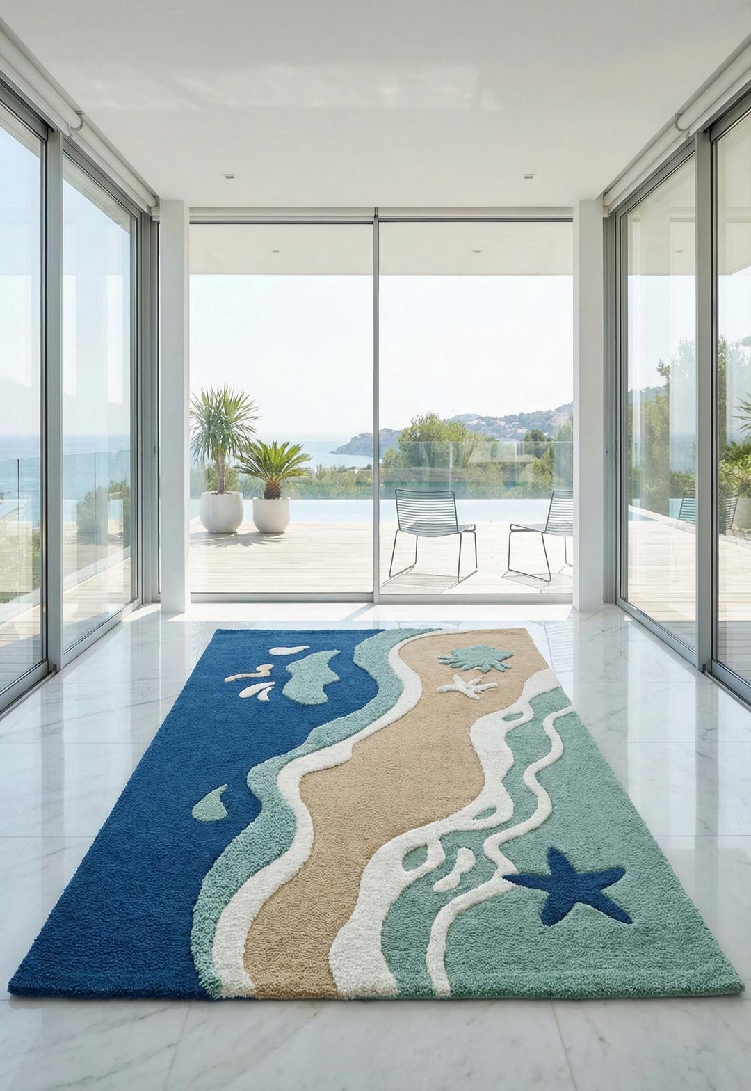 Ocean Texture Rug Hand Tufted Wool Area Rug, Coastal Ocean Beach Design Carpet, Starfish ...