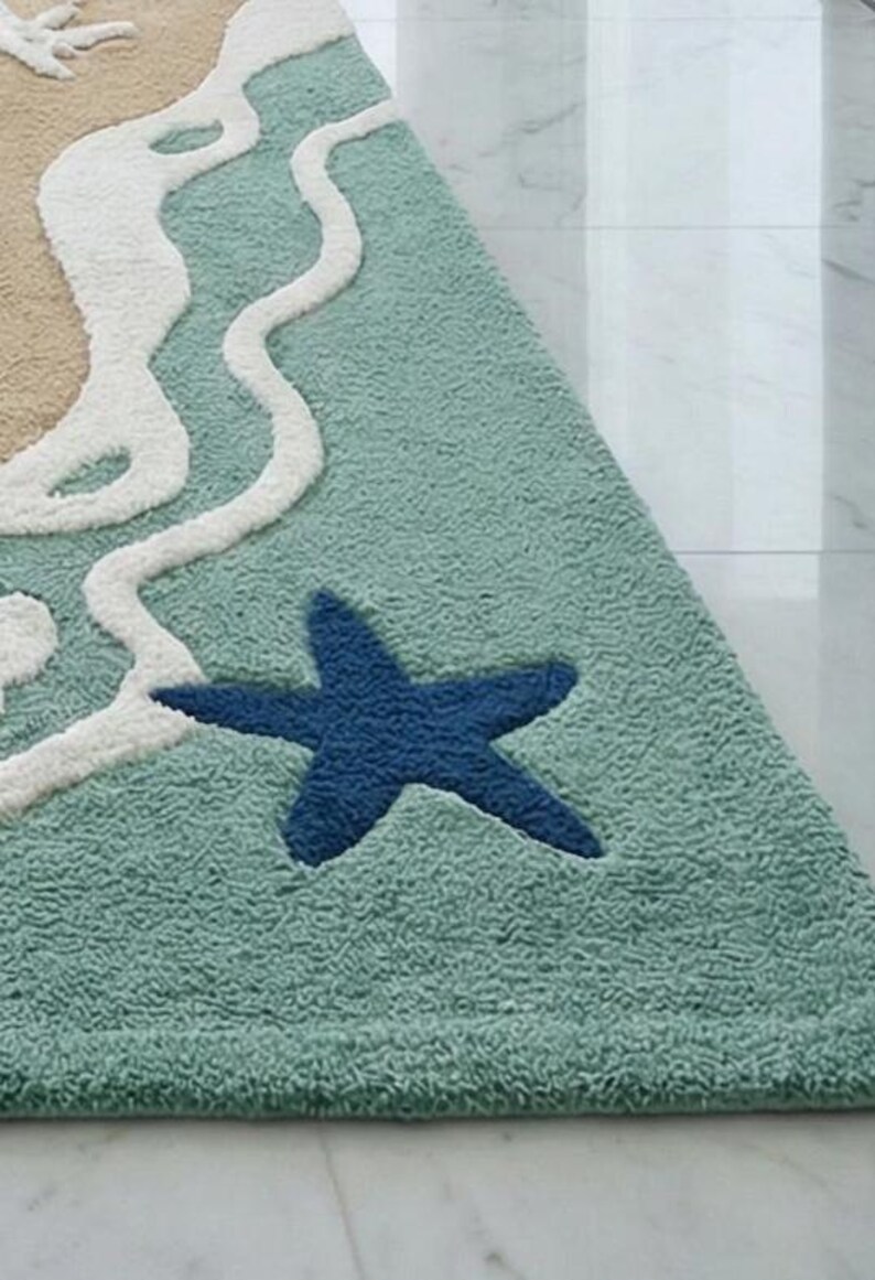 Hand Tufted Wool Area Rug, Coastal Ocean Beach Design Carpet, Starfish ...