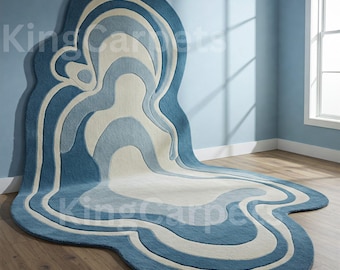 Blaue Welle handgetufteter Wollteppich, Küstenteppich, modernes Wohndekor