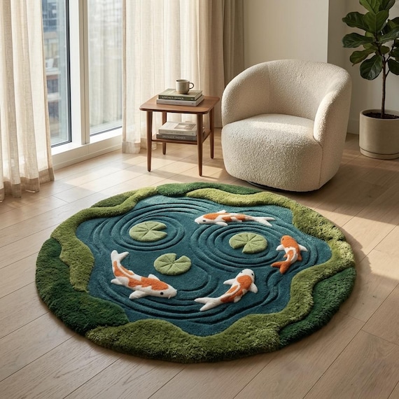 Round Koi Pond Rug Nature Inspired Area Carpet Custom Living Room Decor