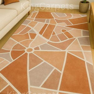 Modern Geometric Area Rug | Abstract Terracotta & Beige Carpet | Soft Minimalist Living Room Rug | KingCarpets Custom Sizes Available