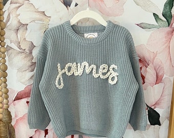 Name Sweater for Baby and Toddler Personalized Hand Embroidered Chunky Knit