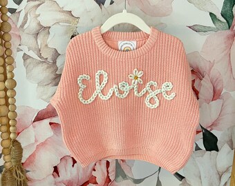 Personalized Name Sweater for Baby and Toddler, Hand Embroidered Chunky Knit