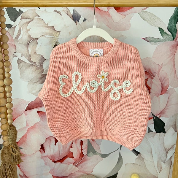 Personalized Name Sweater for Baby and Toddler, Hand Embroidered Chunky Knit