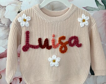 Hand Embroidered Name Knit Sweater Baby and Toddler / Personalized Chunky Knit Sweater Kids