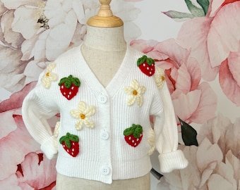 Berry Sweet hand embroidered baby and toddler cardigan, Strawberry and Daisy, Sweet One, Groovy One