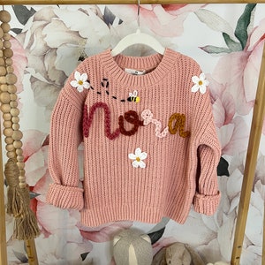 Size 6/7 - 8/10 Hand Embroidered Name Sweaters For Girls, Personalized Chunky Knit Sweater