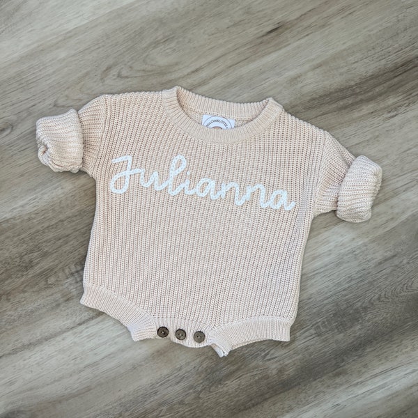 Personalized Baby Name Romper, Hand Embroidered Newborn Coming Home Outfit, Customized Chunky Knit Sweater