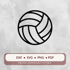 Könnte beinhalten: Schwarz-weiße Volleyball-Grafik. Der Ball besteht aus gebogenen, segmentierten Paneelen. Darunter befindet sich ein rechteckiges Banner mit dem Text "DXF • SVG • PNG • PDF" und "DIGITAL DOWNLOAD CUT FILE".