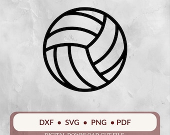 May include: A black and white volleyball graphic. The ball is composed of curved, segmented panels. Below the ball is a rectangular banner with the text "DXF • SVG • PNG • PDF" and "DIGITAL DOWNLOAD CUT FILE".