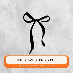 May include: A black bow silhouette with long, flowing ribbons. The bow is centered on a light grey, marbled background. Below the bow, an orange rectangle contains the text "DXF • SVG • PNG • PDF" and "DIGITAL DOWNLOAD CUT FILE."