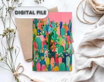 Wall of Blooming Cacti Printable Postcard | Digital Art for Print | Funny Cactuses Greeting Card | A6