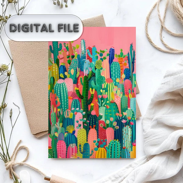 Wall of Blooming Cacti Printable Postcard | Digital Art for Print | Funny Cactuses Greeting Card | A6