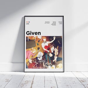 Può includere: Un poster con un design minimalista che presenta il titolo "Given" in grassetto nero. Il poster presenta un'illustrazione colorata di una band che suona musica in una stanza. I membri della band suonano chitarre e batteria. Il poster è su uno sfondo bianco.