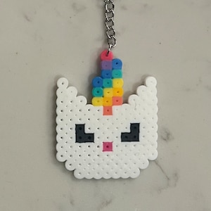 Unicorn Cat Keychain, Handmade, Perler Bead Keychain, Fuse Bead Charm, Backpack Charm, Perler Bead Charm, Fuse Bead, Zipper Charm