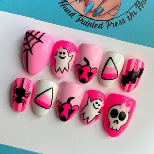 Halloween Spooky Barbie Candy Corn Ghost Spider Skull Press On Nails | Hand Painted Custom Nail Art | Reusable Glue On Nails | Mani by Allie