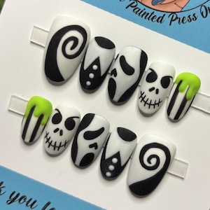 Halloween Classics Wednesday Addams Beetlejuice Jack Skellington Ghost Horror Press On Nails |Hand Painted Custom Nail Art| Mani by Allie