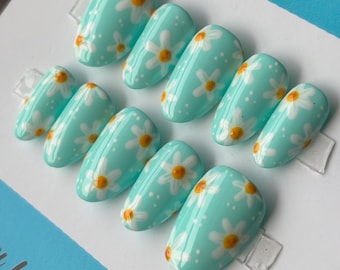 Spring Daisy Blue Flower Floral Press On Nails | Hand Painted Reusable Glue On Nails | Mani by Allie