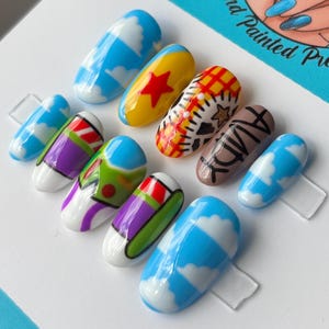 Toy Story Pixar Woody Buzz Lightyear Disney Press On Nails | Hand Painted Custom Nail Art | Reusable Short Glue On Nails | Mani by Allie
