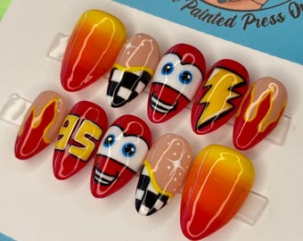 Cars Lightning McQueen Race Car Checkered Disney Press On Nails |Hand Painted Custom Nail Art | Reusable Short Glue On Nails | Mani by Allie