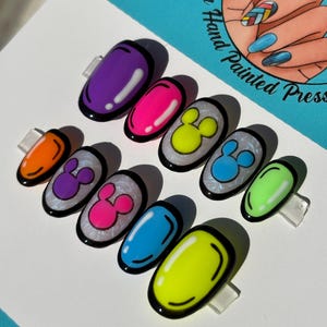 Disney Pop Art Rainbow Mickey Pearl Press On Nails | Hand Painted Custom Nail Art | Reusable Short Glue On Nails | Mani by Allie