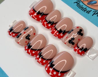 Disney Minnie Mouse Mickey French Tip Polka Dot Press On Nails | Hand Painted Custom Nail Art | Reusable Short Glue On Nails | Mani by Allie