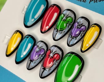 Mickey Disney Pop Art Balloon Press On Nails | Hand Painted Reusable Glue On Nails | Mani by Allie