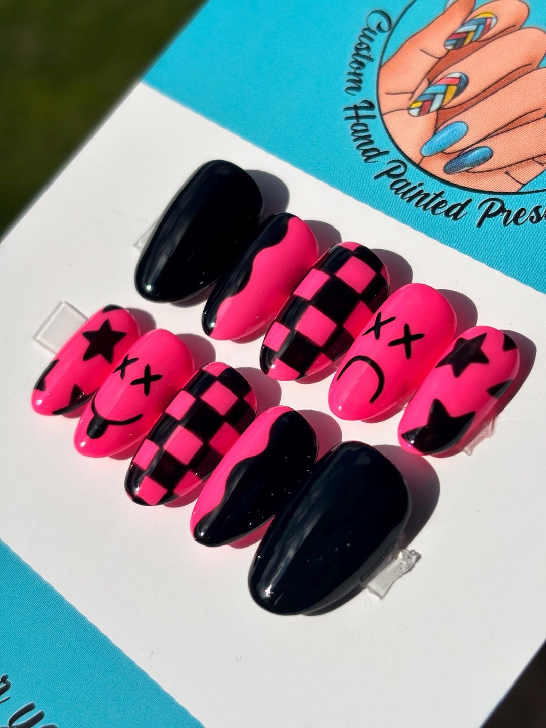 Emo Grunge Nail Art Pink & Black Checkered Press on Nails | Hand