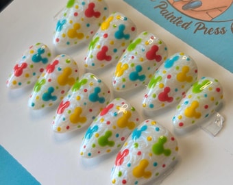 Disney Rainbow Mickey Pearl Press On Nails | Hand Painted Custom Nail Art | Reusable Short Glue On Nails | Mani by Allie