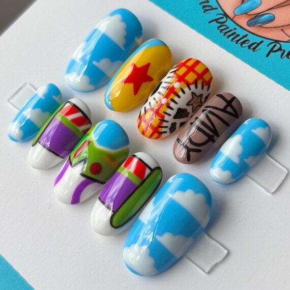 Toy Story Pixar Woody Buzz Lightyear Disney Press On Nails | Hand Painted Custom Nail Art | Reusable Short Glue On Nails | Mani by Allie