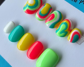 Neon Summer Spring Hippie Groovy Y2k 90’s Abstract Rainbow Press On Nails | Hand Painted Reusable Short Glue On Nails | Mani by Allie