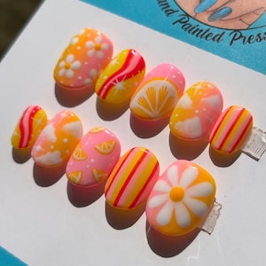 Summer Pink Lemonade Mix and Match Fruit Lemon Stripes Ombre Press On Nails|Hand Painted Custom Nail Art|Reusable Short Nails|Mani by Allie