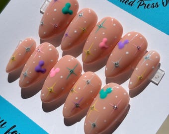 Disney Mickey Stars Sparkle Press On Nails | Hand Painted Custom Nail Art | Reusable Short Glue On Nails | Mani by Allie