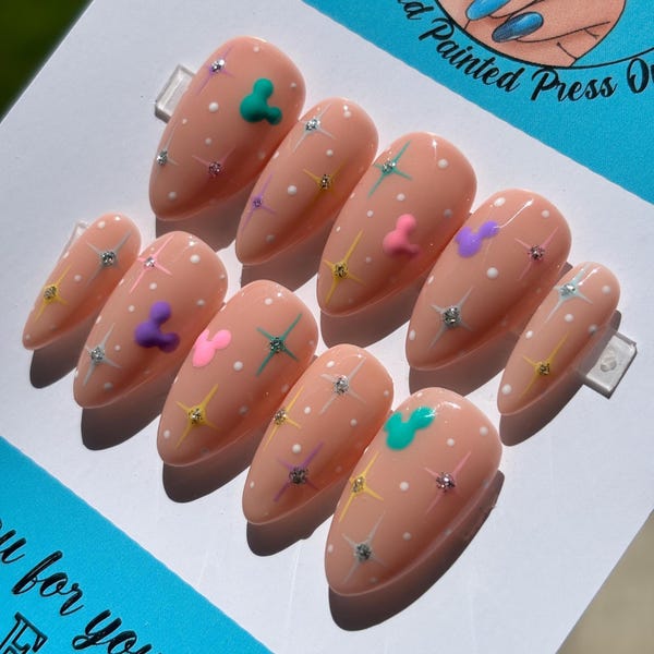 Disney Mickey Stars Sparkle Press On Nails | Hand Painted Custom Nail Art | Reusable Short Glue On Nails | Mani by Allie