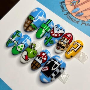 Mario Yoshi Themed Gamer Nintendo Press On Nails | Hand Painted Custom Nail Art | Reusable Short Glue On Nails | Mani by Allie