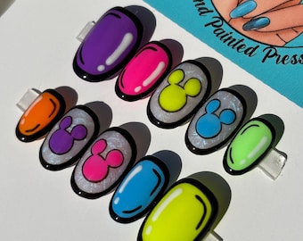 Disney Pop Art Rainbow Mickey Pearl Press On Nails | Hand Painted Custom Nail Art | Reusable Short Glue On Nails | Mani by Allie